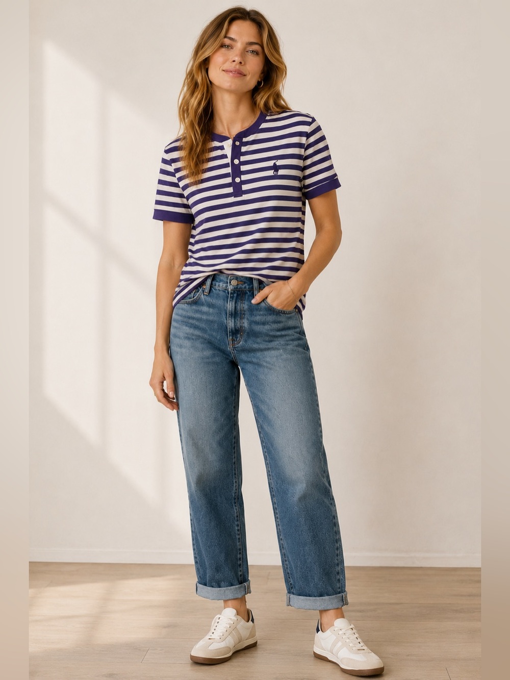 Polo Ralph Lauren Boys XL 18-20 Purple Navy Stripe Henley Women’s Preppy
